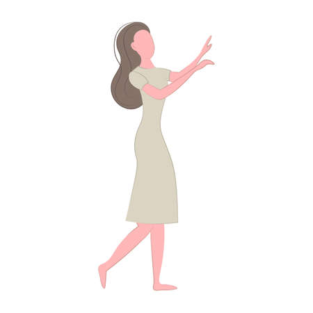 Girl is isolated on a white background with hands up. vector flat illustration. One woman. Dancing girlのイラスト素材