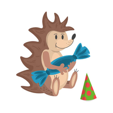 cute hedgehog with candy, animal birthday. Vector illustration. cartoon character for postcards for the birthday, for banners, posters, holidays, children's booksのイラスト素材