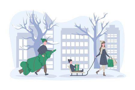 Family Christmas shopping and winter holidays. A man carries a Christmas tree and a woman sledding a child. Vector flat illustration.のイラスト素材