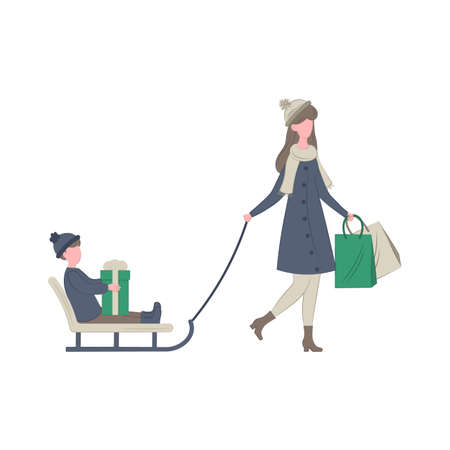 Woman sledding child with a gift. Christmas shopping and winter holidays. Vector flat illustration. Winter walk mom with baby.のイラスト素材
