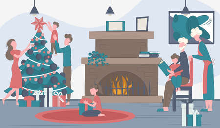 Happy family are preparing for the winter holidays. Happy people decorate the Christmas tree, open gifts and tell stories. Vector flat illustration. Living room interior.のイラスト素材