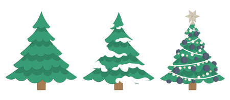 Three Christmas trees isolated on white background in three different situations. Christmas tree without toys, in the snow, dressed up. Vector flat illustration.のイラスト素材