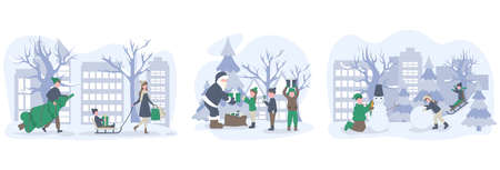 Set winter holiday people. Vector flat illustration. Family Christmas shopping and winter holidays. Snow outdoors kids. Santa Claus gives gifts to children.のイラスト素材