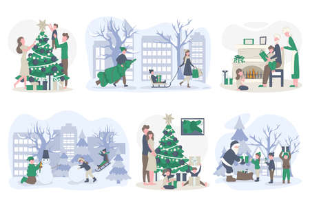 Christmas set with the family during Xmas, New Year holidays. Vector flat illustration. Set winter holiday people. Family Christmas shopping and winter holidays.のイラスト素材
