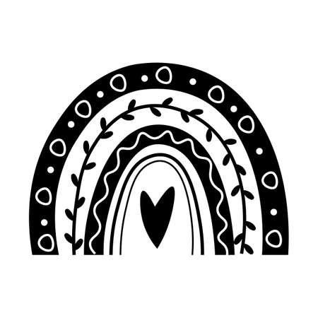 Black and white boho rainbow in hand drawn style. vector illustration isolated on white background. Element of weather, symbol of nature, esoteric objects. Rainbow with the heart and leaves.のイラスト素材