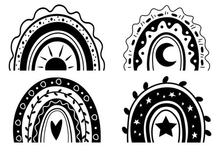 Set black and white boho rainbow in hand drawn style. vector illustration isolated on white background. Element of weather, symbol of nature, esoteric objects. Rainbow with the stars, sun, heart and leaves.のイラスト素材