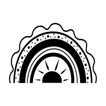 Black and white boho rainbow in hand drawn style. vector illustration isolated on white background. Element of weather, symbol of nature, esoteric objects. Rainbow with the sun.のイラスト素材