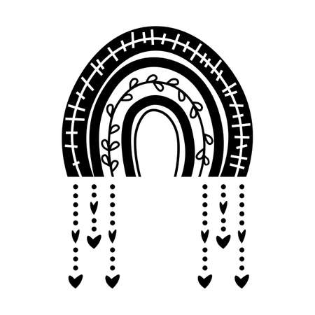 Black and white boho rainbow in hand drawn style. vector illustration isolated on white background. Element of weather, symbol of nature, esoteric objects. Rainbow with the heart and leaves.のイラスト素材