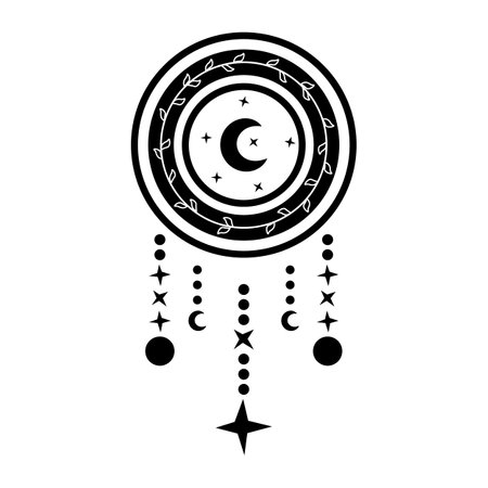 Dream catcher with crescent moon in black and white. Vector tribal illustration in boho style isolated on white background.のイラスト素材