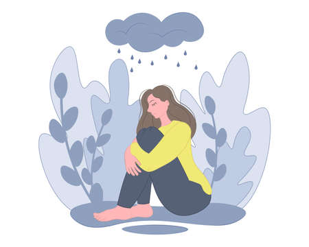 Sad girl sitting on the floor depressed. The concept of female psychology, suicide prevention, PTSD. Vector flat illustration.のイラスト素材