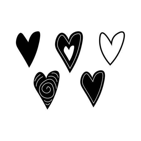 Set of hearts of different shapes in black and white color isolated on a white background. Vector illustrationのイラスト素材