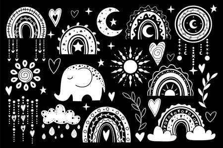 Vector hand drawn boho clipart with rainbows, sun, moon, elephant. Illustration in black and white. Set of items for greeting cards, kids, baby room, children birthday, partyのイラスト素材