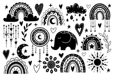 Vector hand drawn boho clipart with rainbows, sun, moon, elephant. Illustration in black and white. Set of items for greeting cards, kids, baby room, children birthday, partyのイラスト素材