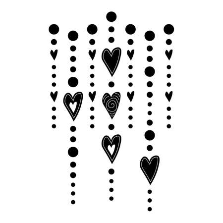 Vector hand drawn hanging hearts in boho style. Illustration in black and white isolated on white backgroundのイラスト素材