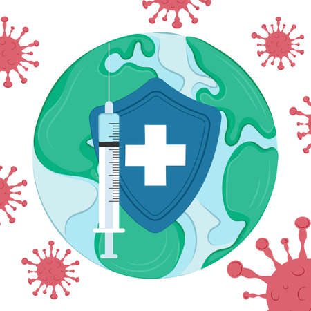 Vaccination against disease worldwide. Fight the epidemic with the vaccine jab. Inoculating persons from all over world. Immunization Campaign. Fighting the epidemic around the world.のイラスト素材