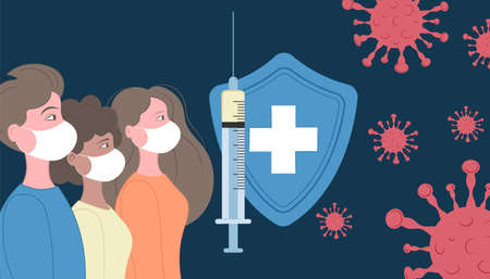 Vaccination against disease worldwide. Fight the epidemic with the vaccine jab. Inoculating persons from all over world. Immunization Campaign. Fighting the epidemic around the world.のイラスト素材