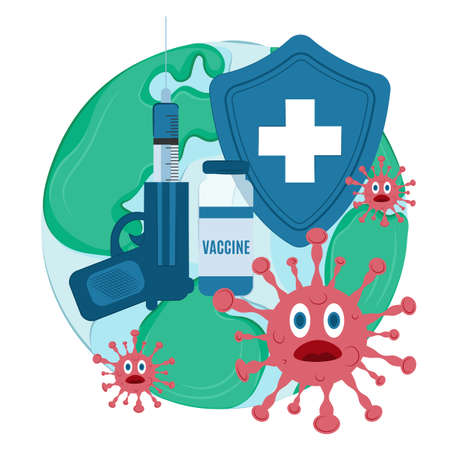 Vaccination against disease worldwide. Fight the epidemic with the vaccine jab. Inoculating persons from all over world. Immunization Campaign. Fighting the epidemic around the world.のイラスト素材
