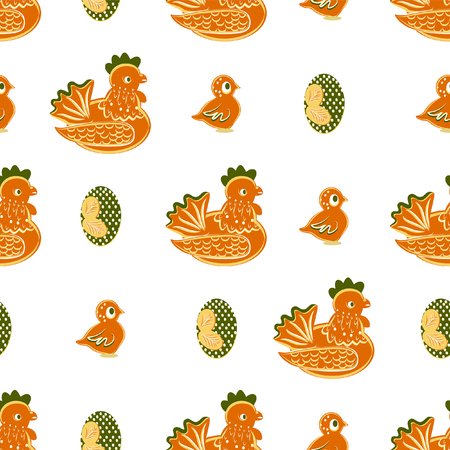 Easter pattern chicken, chained, egg, vector illustration, background set for designer, bird, holiday, animal, symbolのイラスト素材