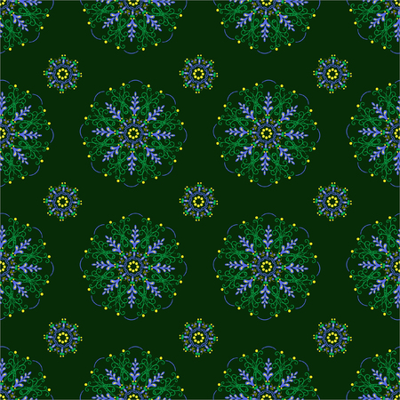 Seamless circle pattern, floral background, vector image for design on fabric, abstract wallpaper, vintage texture, retro, greenのイラスト素材