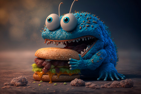 Funny creature eats a burger. Generative AI. Funny blue round monster eating a hamburger. Image for children's book, pizzeria, notebook.の素材