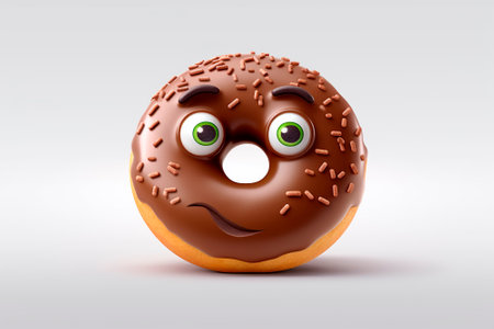 Chocolate doughnut with eyes on white background. Generative AI.の素材