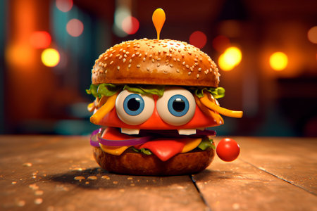 Cute cheeseburger character with eyes. Funny illustration for pizzeria, cafe, fast food, street food, menu, children's foodの素材