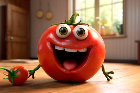 mouth-watering, delicious homemade burger. Funny cartoon vegetable with eyes. Tomato Festival. Healthy food for children. Cute Image for packaging, kid friendly food, cafeの素材