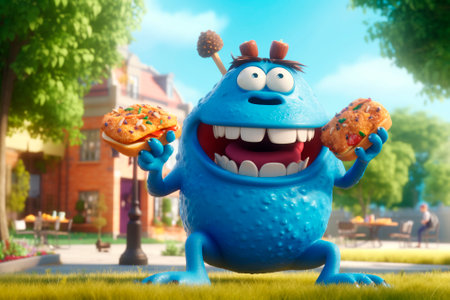 Funny food enthusiast. Generative AI. Adorable chubby monster holding sandwich. food tour. Cute image for children's book, pizzeria, cafe, fast food, menu.の素材