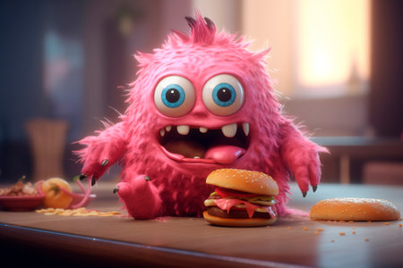 Adorable little one is eating burger. Generative AI. Pretty young monster boy in burger joint. eating hamburger. Childhood, expression, having fun, fast food. hungry. cute pinkの素材