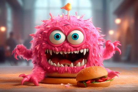 Spoiled whiny child at fast food restaurant. Generative AI. Funny monster kid Eating burger. Childhood, expression, having fun. Cute pink creature. Burger day.の素材