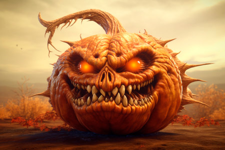 Scary halloween pumpkin demon. Generative AI. Spooky jack-o-lantern monster. Sinister smile. Illustration for decoration, advertisement, poster, article, notebook.の素材