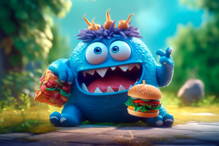 Funny character with burger and sandwich at Fun picnic. Generative AI. Adorable monster is savoring fast food. Enjoying the rest. Burger day. Image with cute characters for childrenの素材