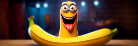Banner with delicious banana on dark background. Generative AI. Cute cartoon character tropical fruits with eyes. banana day. Funny header children's menu, website, advert, blog,の素材