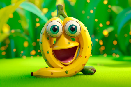 Juicy banana on green summer background. Generative AI. Cute cartoon character tropical fruits with eyes. banana day. Healthy breakfast or lunch for kid. Adorable Image for comicの素材