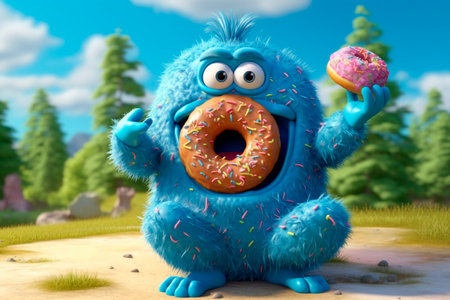 Banner with happy monster child on summer break. Generative AI. Funny character with sandwich and burger. Childhood, expression, having fun. Burger day. Summer rest. headerの素材