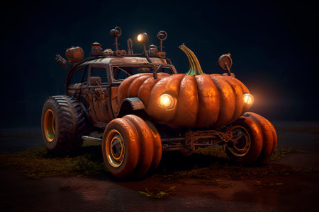 halloween car. Generative AI. car designed in steampunk style of pumpkin. Scary road trip. Image for decoration, advert, poster, shop sign.の素材