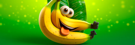 Banner with fresh banana on green summer background. Generative AI. Cute cartoon character tropical fruits with eyes. banana day. Adorable header children's menu, website, advert, bの素材