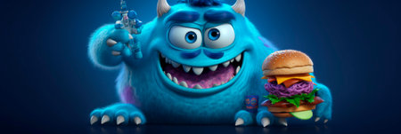 Banner with Cute burger lover. Generative AI. Burger day. Mustachioed monster with double hamburger and toy. Kids' Meal Burgers. Header for website, advertisement, burger jointsの素材