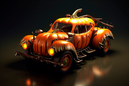 halloween car. Generative AI. car designed in style of Jack O Lantern pumpkin. Scary road trip. Image for decoration, advert, poster, shop sign.の素材