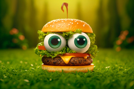 Beefburger with cheese, tomatoes, lettuce on green background. Generative AI. Burger day. Family friendly fast food concept. Burger picnic menu. image for puzzle, street food, chilの素材