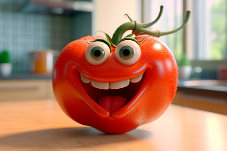 Red tomato on a wooden table. Generative AI. Funny cartoon vegetable with eyes. La Tomatina, spain. Healthy food for children. Cute Image for cover, notebook, lunch Box.の素材