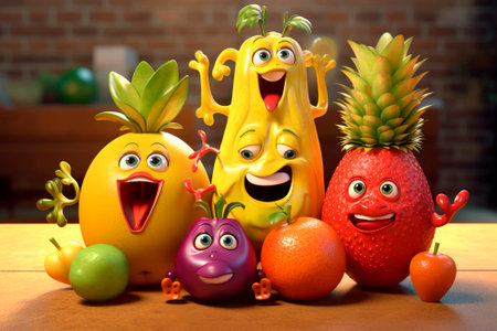 Crazy fruits. Generative AI. Funny tropical fruit. Fruity summer cocktail and snack. Concept of healthy recreation, party, fun. Cute illustration for poster, recipe, event, beach.の素材