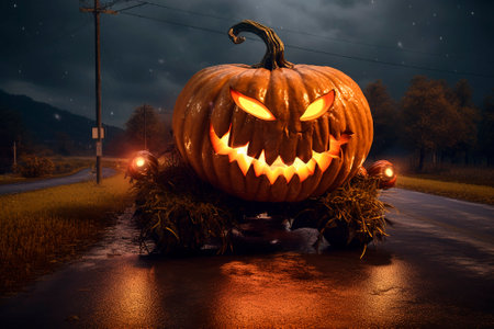 Jack O Lantern halloween pumpkin on road. Generative AI. Creepy pumpkin demon rides on rural road at night. Scary road trip. Image for decoration, advert, poster, shop sign.の素材