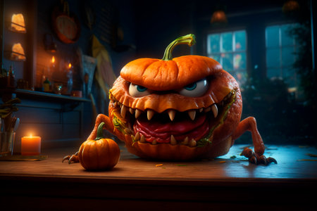 Angry bartender. Sinister Halloween ambiance. Generative AI. Scary pumpkin with Menacing smirk in bar. Furious barman. illustration for fast food cafe, eatery, burger joints,の素材