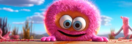 Banner with Fluffy, Cute, adorable little monster with big eyes. Generative AI. Hilarious character for children's celebration, event. National Donut Day. header for website, blog,の素材