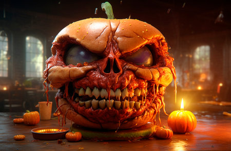 Sinister waiter. Cheerful Halloween atmosphere. Generative AI. Scary pumpkin with menacing smirk in cafe. furious server. illustration for street food cafe, burger restaurant,の素材