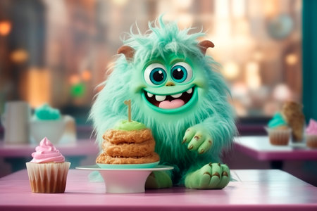 Lovely Character and cupcake. Generative AI. sweet life. Cute visitor is sitting in cafe. illustration for puzzle, kids menu, coffee shop, notebook, cover. green fluffy monsterの素材