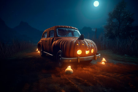 halloween car. Generative AI. pumpkin car. Scary road trip. Image for decoration, advert, poster, shop sign.の素材