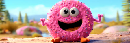 Banner with Happy pink donut with sprinkles. Generative AI. Adorable creature resembling donut. National Donut Day. Title for website, blog, roadside cafe advertisement, confectionの素材