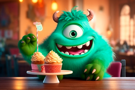 Adorable Character in confectionery candy store. Generative AI. Dessert time. positive visitor is sitting in cafe. illustration for puzzle, kids menu, sweet-shop, cover.の素材